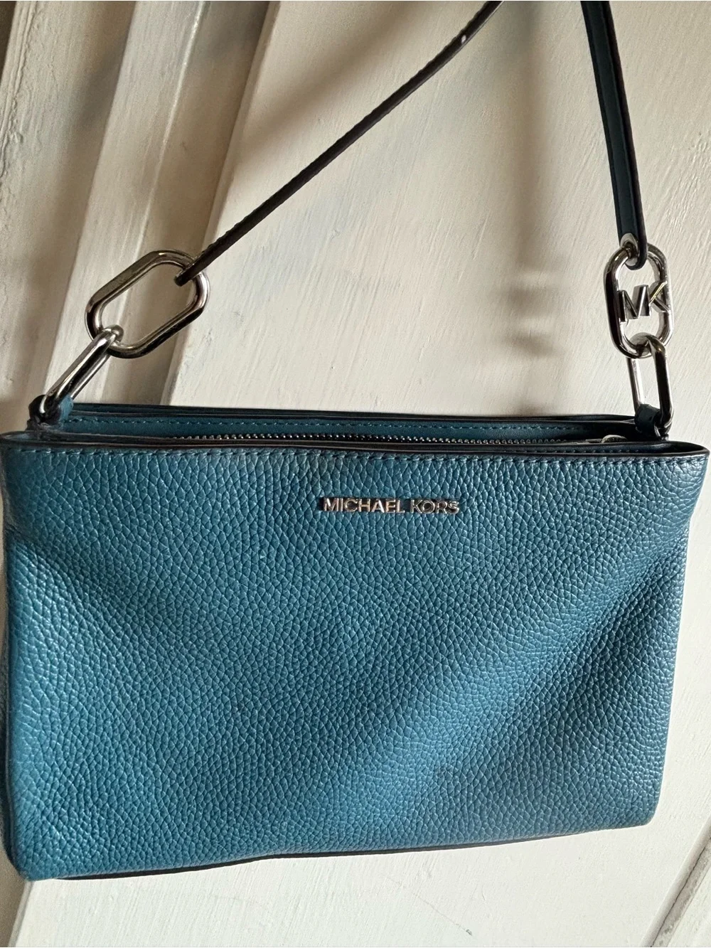 Michael Kors Blue Pebbled Leather Crossbody Bag with Silver Hardware